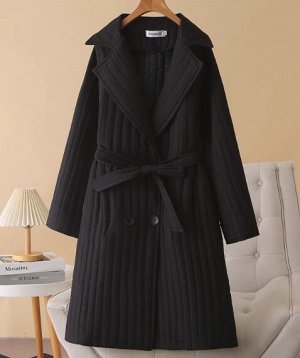 Пальто текстильное стеганое с лацканами на пуговицах с  поясом, черный