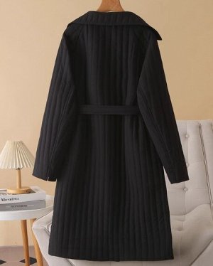 Пальто текстильное стеганое с лацканами на пуговицах с  поясом, черный