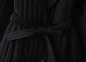 Пальто текстильное стеганое с лацканами на пуговицах с  поясом, черный