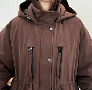 Парка зимняя объемная с капюшоном и карманами, на молнии, коричневый