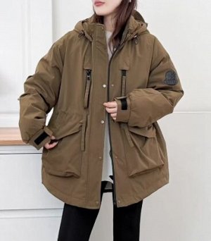 Парка зимняя объемная с капюшоном и карманами, на молнии, хаки