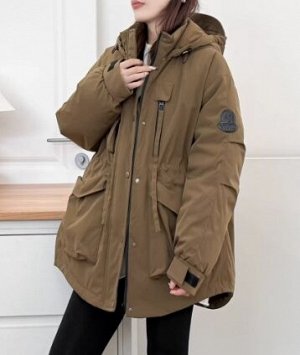 Парка зимняя объемная с капюшоном и карманами, на молнии, хаки