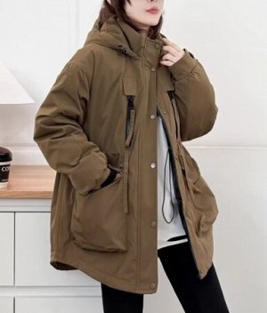 Парка зимняя объемная с капюшоном и карманами, на молнии, хаки