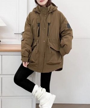 Парка зимняя объемная с капюшоном и карманами, на молнии, хаки