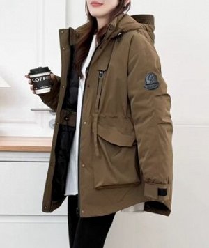 Парка зимняя объемная с капюшоном и карманами, на молнии, хаки
