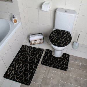 Набор ковриков для ванны и туалета Доляна «Геометрик», 3 шт: 35x40, 40x50, 50x80 см, цвет чёрный