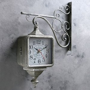 Часы настенные двойные. серия: Садовые. "Уличный фонарь". серебро. 40х31 см