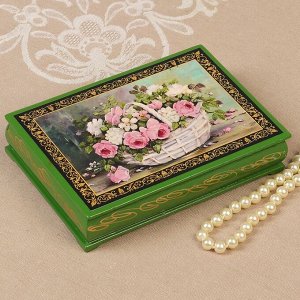 Шкатулка «Розы с полевыми цветами в корзине», зелёная, 11?16 см, лаковая миниатюра