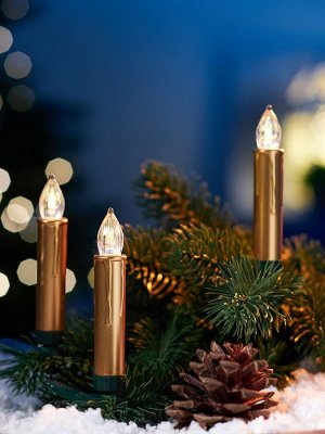 Светодиодные «Свечи на прищепках золотистые» 9 см, набор 10 шт., 10 LED, от батареек АААх6, пульт, свечение тёплое белое