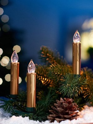 Светодиодные «Свечи на прищепках золотистые» 9 см, набор 10 шт., 10 LED, от батареек АААх6, пульт, свечение тёплое белое