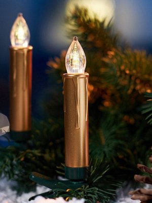 Светодиодные «Свечи на прищепках золотистые» 9 см, набор 10 шт., 10 LED, от батареек АААх6, пульт, свечение тёплое белое