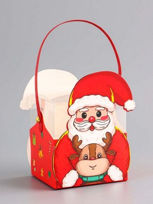 Складная коробка PVC с ручками, подарочная новогодняя, «Санта и подарки», 9x9x9.5 см