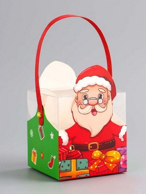 Складная коробка PVC с ручками, подарочная новогодняя, «Санта и Рудольф», 9x9x9.5 см