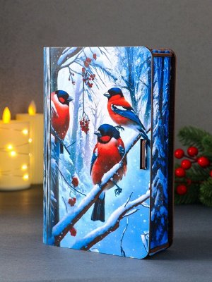 Новогодняя деревянная шкатулка-книга «Три снегиря», для подарков, 19x13x5 см