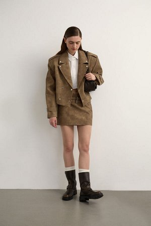 Юбка мини из экокожи с двойным поясом Цвет: светло-коричневый