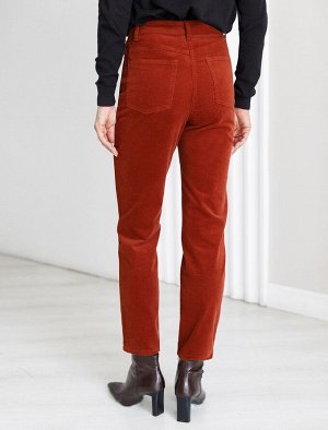 Укороченные эластичные брюки слим из микро вельвета терракотовый