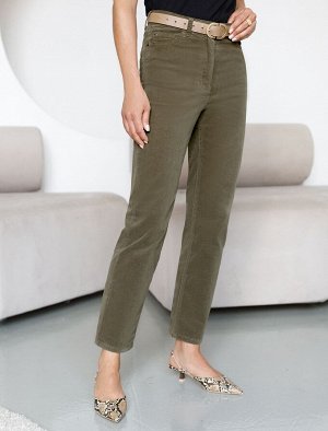 Укороченные эластичные брюки слим из микро вельвета хаки