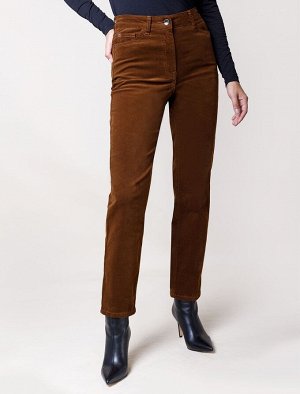 Укороченные эластичные брюки слим из микро вельвета светло-коричневый