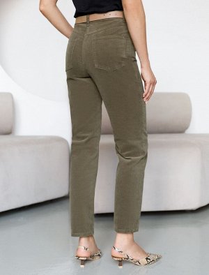 Укороченные эластичные брюки слим из микро вельвета хаки