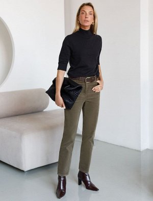 Укороченные эластичные брюки слим из микро вельвета хаки