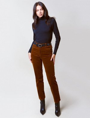 Укороченные эластичные брюки слим из микро вельвета светло-коричневый