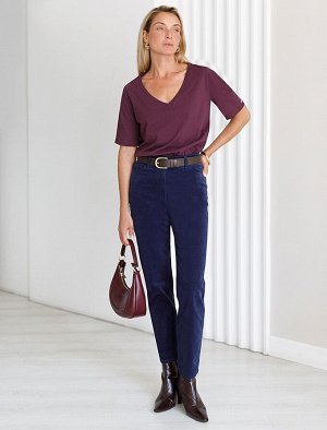 Укороченные эластичные брюки слим из микро вельвета синий