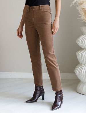 Укороченные эластичные брюки слим из микро вельвета светло-кофейный