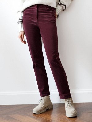 Укороченные эластичные брюки слим из микро вельвета бургунди