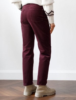 Укороченные эластичные брюки слим из микро вельвета бургунди