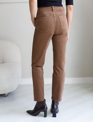 Укороченные эластичные брюки слим из микро вельвета светло-кофейный