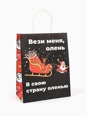 Пакет бумажный подарочный новогодний крафт, «Вези меня», 27x21x11 см