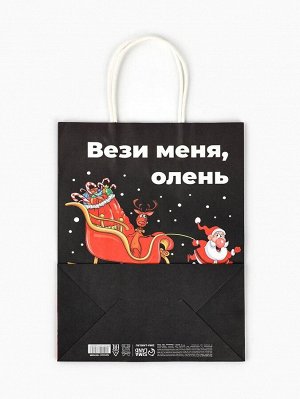 Пакет бумажный подарочный новогодний крафт, «Вези меня», 27x21x11 см
