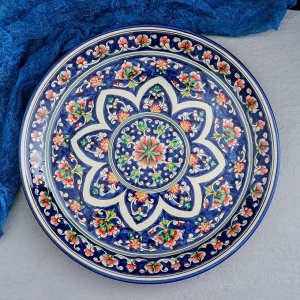 Ляган круглый «Риштан», 36 см, синий, орнамент красные цветы