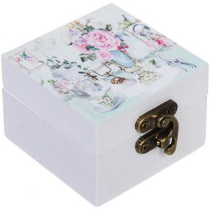 Шкатулка деревянная с зеркалом "МАРЦИПАН", пудровые пионы, 6.5*6.5*4.5см (в коробке)