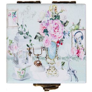 Шкатулка деревянная с зеркалом "МАРЦИПАН", пудровые пионы, 6.5*6.5*4.5см (в коробке)