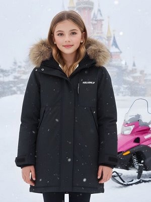 Парка зимняя подростковая для девочки с капюшоном и мехом черного цвета 9532Ch