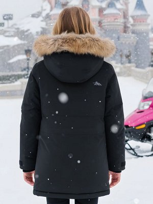 Парка зимняя подростковая для девочки с капюшоном и мехом черного цвета 9532Ch