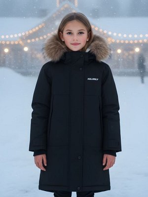 Парка зимняя подростковая для девочки с капюшоном и мехом черного цвета 9536Ch