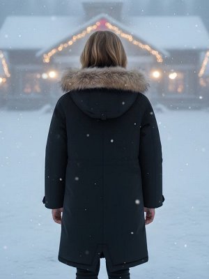 Парка зимняя подростковая для девочки с капюшоном и мехом черного цвета 9536Ch