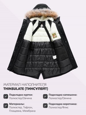 Парка зимняя подростковая для девочки с капюшоном и мехом черного цвета 9536Ch