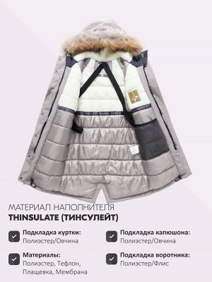 Парка зимняя подростковая для девочки с капюшоном и мехом бежевого цвета 9536B