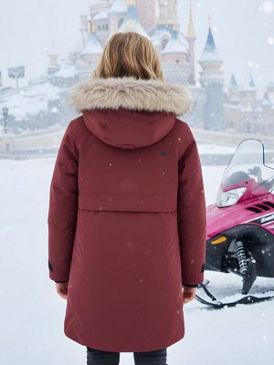 Парка зимняя подростковая для девочки с капюшоном и мехом бордового цвета 9534Bo