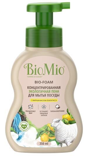 Bio-Mio Эко пена д/мытья посуды 350мл экст.хлопка,масл.лемонграсса дозатор 1шт / 8шт / 515.04260.010