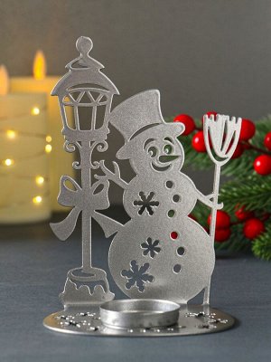 Подсвечник на 1 свечу «Снеговик новогодний», металл, серебряный, 10x7.5x15 см