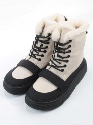 04-PAJ76-2Z LT. BEIGE /BLACK Ботинки зимние женские (натуральная кожа, натуральный мех, 100% шерсть)