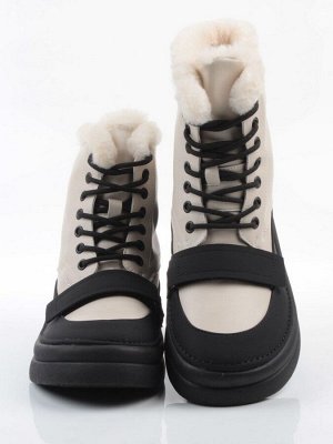 04-PAJ76-2Z LT. BEIGE /BLACK Ботинки зимние женские (натуральная кожа, натуральный мех, 100% шерсть)