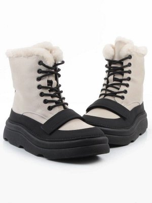 04-PAJ76-2Z LT. BEIGE /BLACK Ботинки зимние женские (натуральная кожа, натуральный мех, 100% шерсть)