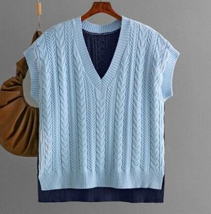 Жилет трикотажной вязки двуцветный с v-образным вырезом, сине-голубой