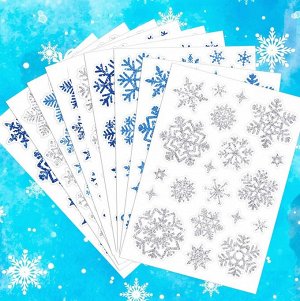 Наклейки СНЕЖИНКИ блестящие с глиттером Универсальные для творчества, Набор 9 листов 14*20 см. 3 цвета