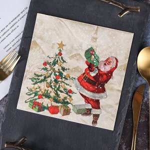 Салфетки Новогодние сервировочные с рисунком 3 слоя, 20 штук, 33х33 см. "ДЕД МОРОЗ И ЁЛКА"